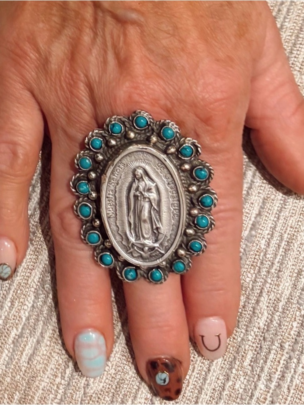 Silver & Turquoise “Our Lady of Guadalupe” Statement Ring - Adjustable